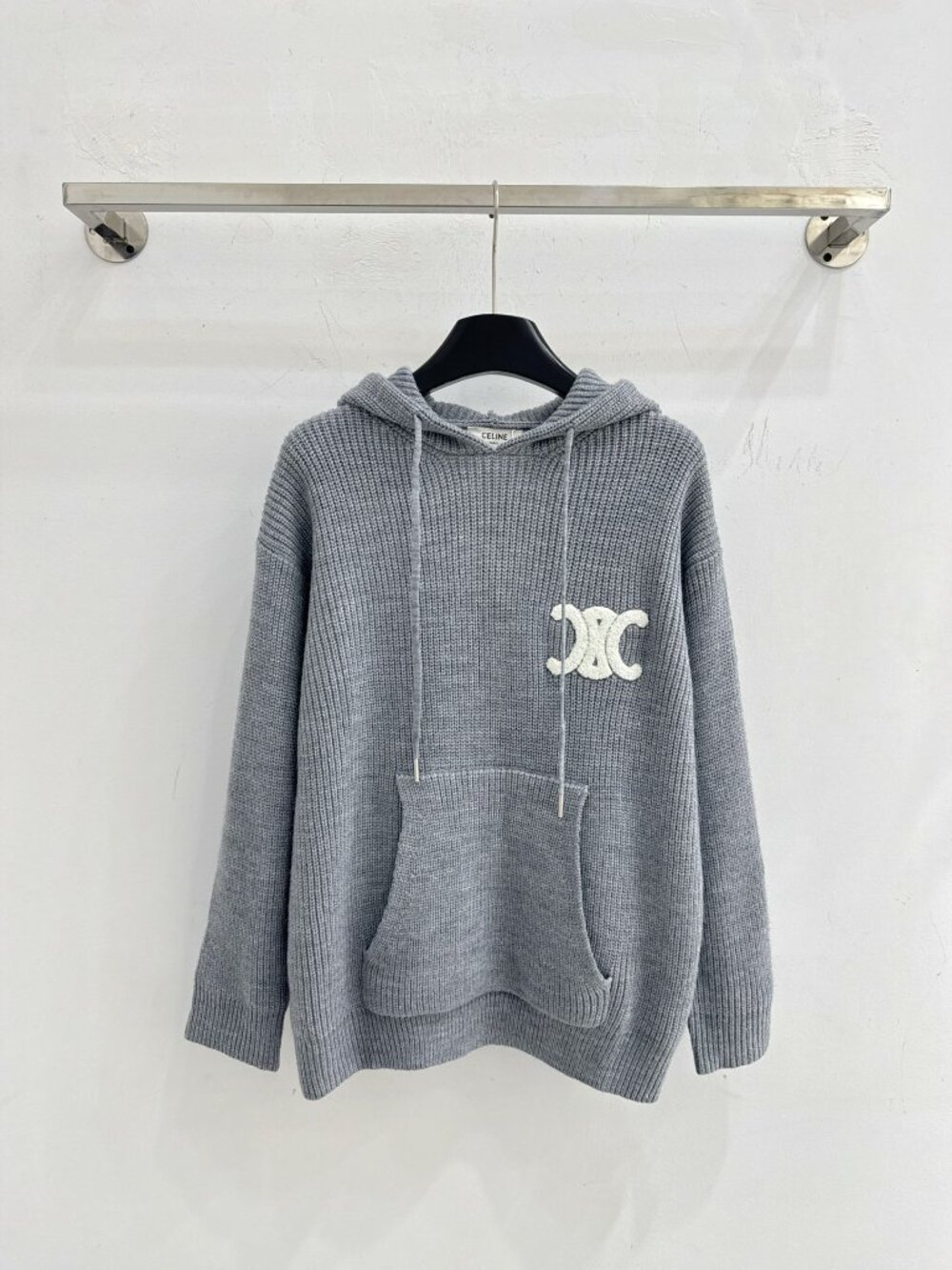🤍 Celine Grey Knit Hoodie With Triomphe Logo Patch